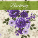 A swatch of cream fabric with tonal swirls, showcasing large and bold purple florals with dark green leaves. A green banner at the top reads 