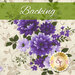 A swatch of cream fabric with tonal swirls, showcasing large and bold purple florals with dark green leaves. A green banner at the top reads 