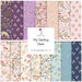 Collage of fabrics in the collection featuring deer, birds, and floral motifs, in plum, blush pink, and blue.