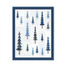 A fabric design featuring various blue trees on a white background, framed with a navy border.