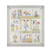 A colorful quilt featuring various patterns of chickens, flowers, and playful illustrations.