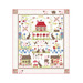 A colorful patchwork quilt featuring animals, flowers, a house, and playful patterns.