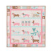 Colorful quilt featuring stylized dogs and floral patterns in pastel shades of pink, blue, and brown.