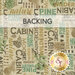 A swatch of tan fabric with outdoorsy words, tree branches, and pinecones. A gray-blue banner at the top reads 