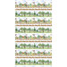 A green and blue border stripe fabric featuring rows of trees from the Hundred Acre wood, shelves of honey, and the Winnie the Pooh cast of characters.