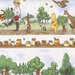 An 8x8 close up swatch of the border print fabric, showcasing a zoomed-in image of Christopher Robin, Rabbit, Piglet, Pooh, Kanga, Roo, Owl, and Tigger in a line, separated between rows of honey jars and trees from the Hundred Acre Wood.