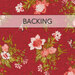 Swatch of a red fabric with tonal red vines and tossed white and pink florals with green leaves. A light pink banner reads 