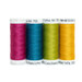 Four spools of thread in magenta, blue, lime green, and golden yellow, isolated on a white background.