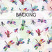 A swatch of white fabric with multicolor dragonflies and pointillism spheres. A warm purple banner at the top reads 