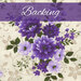A swatch of cream fabric with purple florals on a tonal background. A purple banner at the top reads 