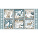 A collage featuring six wildlife illustrations: a fox, owl, rabbit, leaping hare, and a deer amid winter scenery.