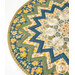 A round table topper featuring a zigzag pattern in floral and bee motifs, bordered with striped fabric.