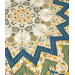 Close-up of a table topper featuring bee motifs, flowers, and a colorful zigzag design.