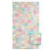 The completed patchwork quillow featuring cat themed fabrics with its carrying pouch, isolated on a white background.