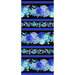 Border stripe fabric featuring floral patterns of blue roses and hydrangeas on a black background with stripes and metallic accents.