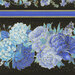 An 8x8 image of the border stripe fabric featuring floral patterns of blue roses and hydrangeas on a black background with stripes and metallic accents.