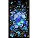 A panel featuring a vibrant arrangement of flowers and blue and metallic butterflies against a black background.