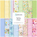 A collection of 16 fabric patterns in spring colors, featuring flowers, checks, and polka dots.