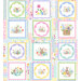 A colorful collage of illustrated squares, featuring bunnies and flowers on pastel backgrounds.