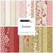 A collection of 21 fabric fat quarters in floral and geometric patterns featuring pink, red, and green hues.