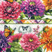 A decorative striped fabric design featuring colorful dahlias and butterflies against a soft background.