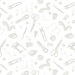 Digital scan of a white-on-white fabric with tossed sewing motifs like shears, pins, thread, measuring tape, and more.