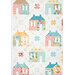 A close up on the house, star, and four patch blocks of the quilt, showing fabric print and color details.