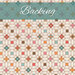 A swatch of light cream fabric with overlapping geometric circles. A teal banner at the top reads 