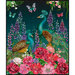A panel featuring two peacocks standing among vibrant flowers and butterflies on a dark teal background.