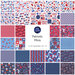A collection of patriotic fabric patterns in red, white, and blue, featuring stars, stripes, and motifs.