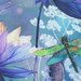 Fabric panel featuring various flowers in shades of purple and blue, with dragonflies hovering amidst a serene, watercolor backdrop.
