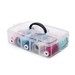 Transparent storage box containing various colorful spools of thread, with a black handle on top.