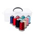 A clear plastic thread box holds ten spools of colorful sewing thread in various shades.