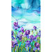 Watercolor floral field motif with purple iris flowers, green flower stems and bright blue skies.