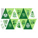 A festive arrangement of green triangular patterns featuring various St. Patrick's Day phrases and symbols.