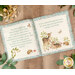 A top down shot of the open book on a wooden table with coordinating foliage.