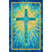 Stained-glass style fabric panel featuring a religious cross in blue, green, and yellow.  