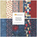 Collection of 12 fabric fat quarters in red, white, and blue patterns, labeled American Heartland.