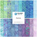A collage of all the fabrics featured in the Aurora FQ set, vibrant batiks in spring green, teal, blue, indigo, and purple.