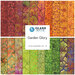 A stacked collage of batik fabrics included in the Garden Glory FQ Set.