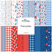 A collection of fabric patterns in red, white, and blue with stars, stripes, and fireworks designs.