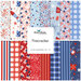 Collection of patterned fabric swatches in red, white, and blue, labeled Firecracker by Riley Blake Designs.
