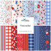 Collection of patterned fabric swatches in red, white, and blue, labeled Firecracker by Riley Blake Designs.