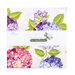 A square bundle of pink, green, blue, and purple fabrics with floral themes, labeled Hydrangeas In The Garden.
