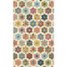 Cream fabric with multicolor faux patchwork hexagon flowers.