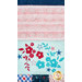 Up close of quilt featuring embroidered floral patterns, lace designs, and fabric details.