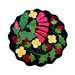 A top down shot of the completed Strawberry Zinger wool mat kit in black and bright colors, isolated on a white background.