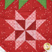 A super close up on the pinwheel block inside the patchwork strawberry, showing fabric and top stitching details.