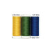 Three spools of thread in sunshine yellow, grass green, and ocean blue isolated on a white background.