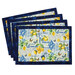A shot of the four completed summer-themed overlapping placemats in the text-and-lemons with butterflies print, isolated on a white background.